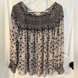 Sundance Floral Smocked Neck Blouse in Cream and Blue